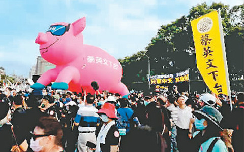 11月22日，臺灣50多個團體和政黨發起大遊行，反對民進黨當局明年1月1日起開放美國瘦肉精（萊克多巴胺）豬肉入境，抗議關閉中天新聞臺。圖為遊行隊伍。.jpg