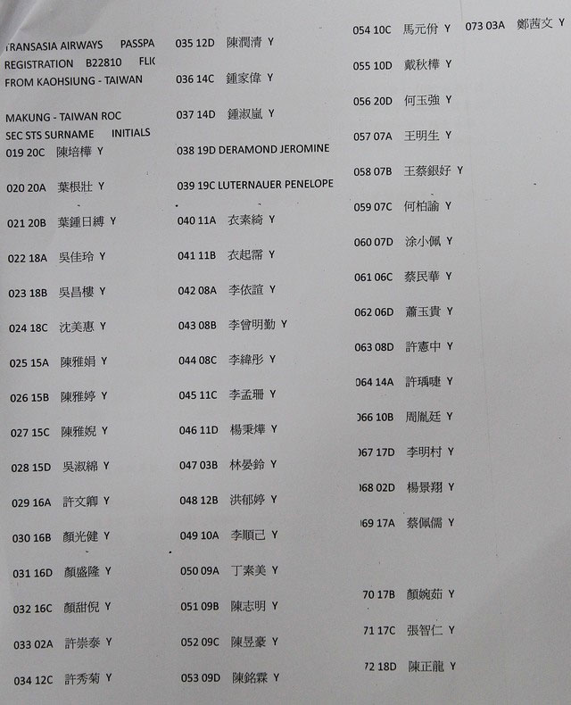 臺灣復興航空公佈失事客機乘客名單