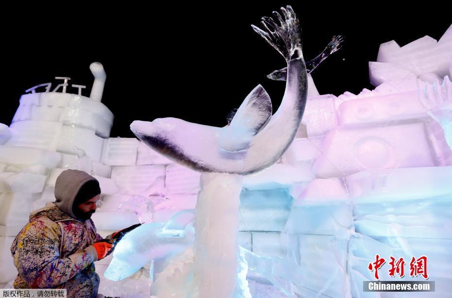 比利時舉行冰雪節 各式冰燈“美麗襲人”