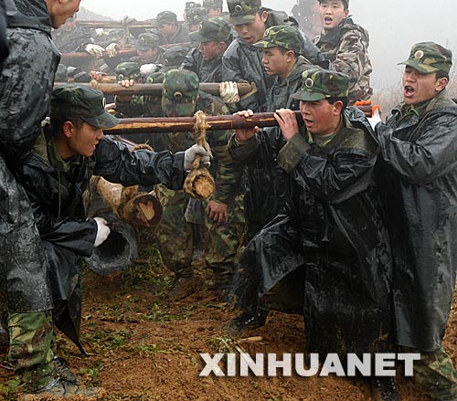 2月17日，解放軍官兵冒著雨雪將電線桿抬上山。當日，成都軍區某部百名官兵在貴州省黔東南州三穗縣搶修遭受凝凍災害的青穗輸電主幹線。這條線路是三穗縣連接國家電網的主要通道。