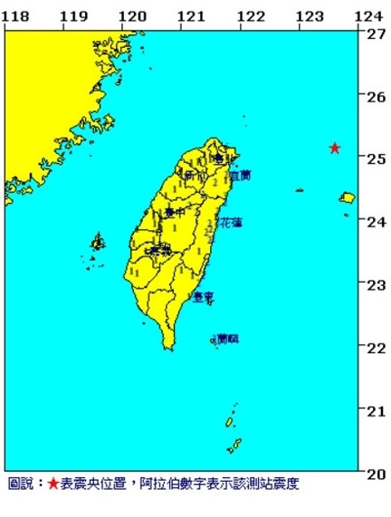 臺灣東北外海發生6.8級地震 最大震度3級